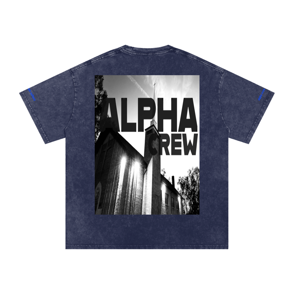 ALPHA CREW Temple Blue Lettering Tee — flat lay comparison, Black vs Pirate Gray. 7.4oz cotton, made for the crew.