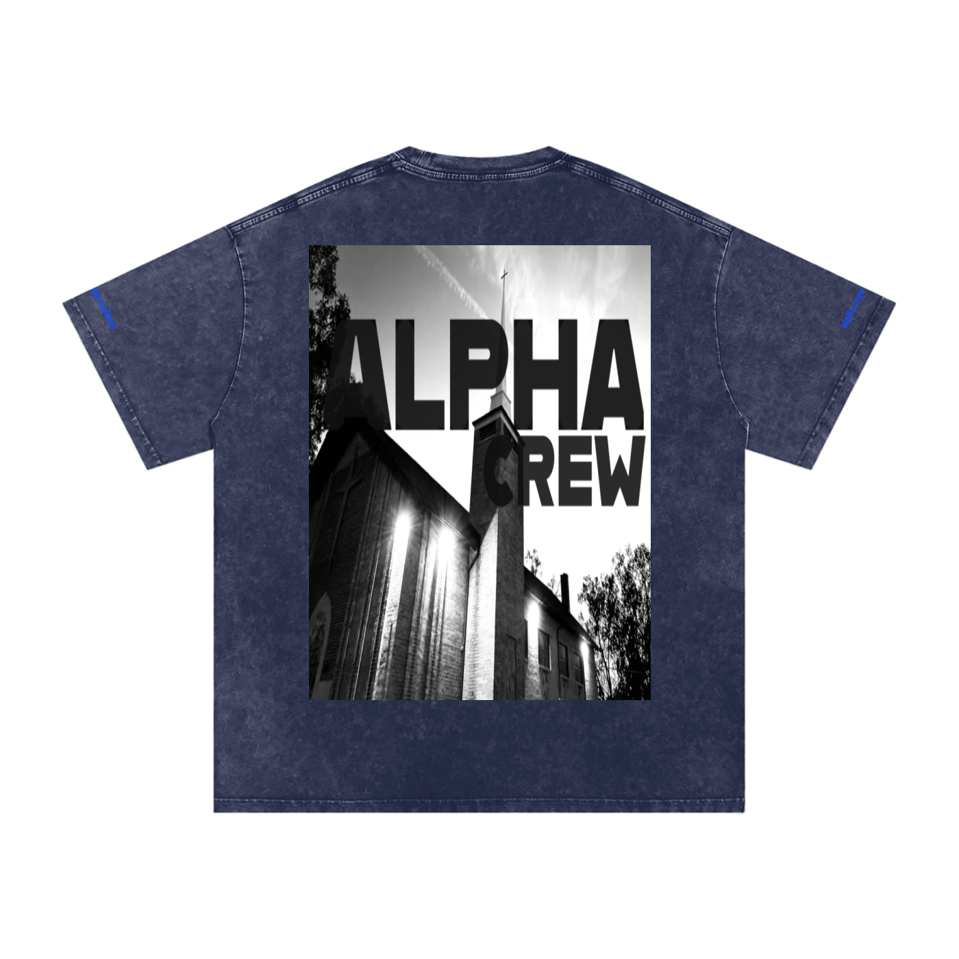 ALPHA CREW Temple BLUE LETTERING Snow Washed Oversized Cotton T-Shirt