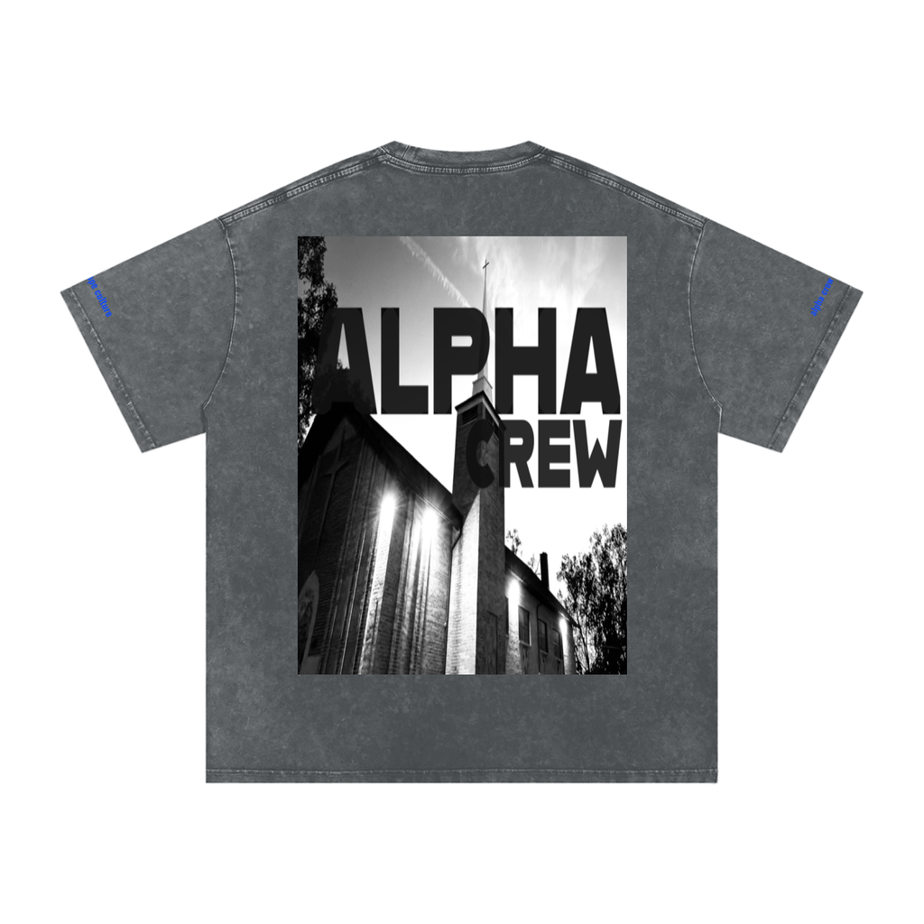 ALPHA CREW Temple Blue Lettering Tee in Black — back view, drop-shoulder construction, 100% cotton snow wash.