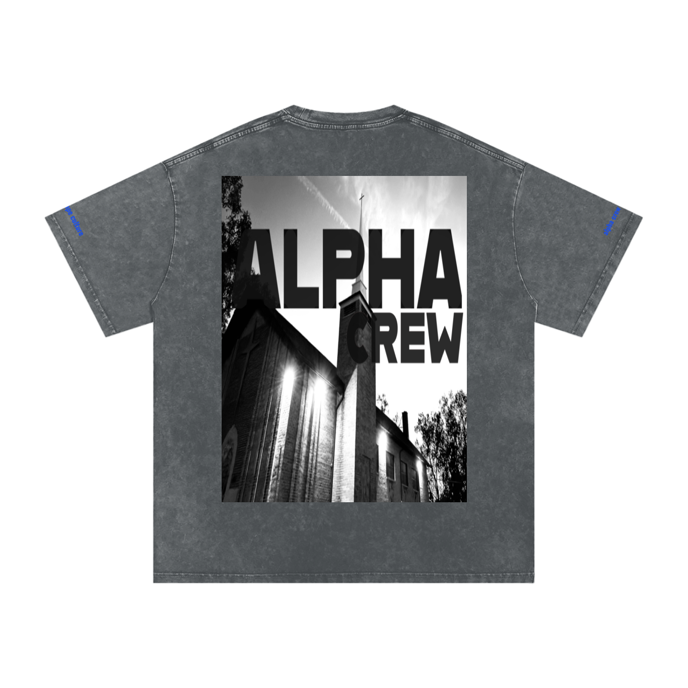 ALPHA CREW Temple BLUE LETTERING Snow Washed Oversized Cotton T-Shirt