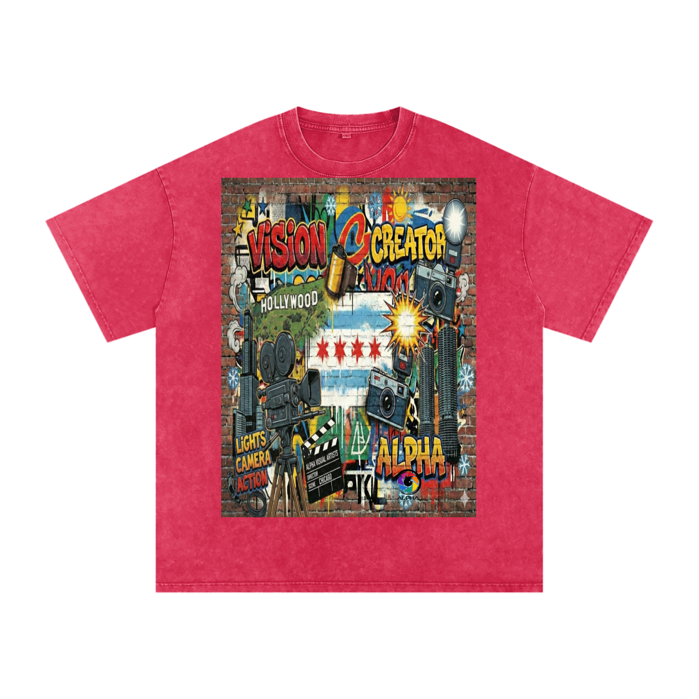 Alpha Graffiti Tee — on-set context photo, art department energy on location.