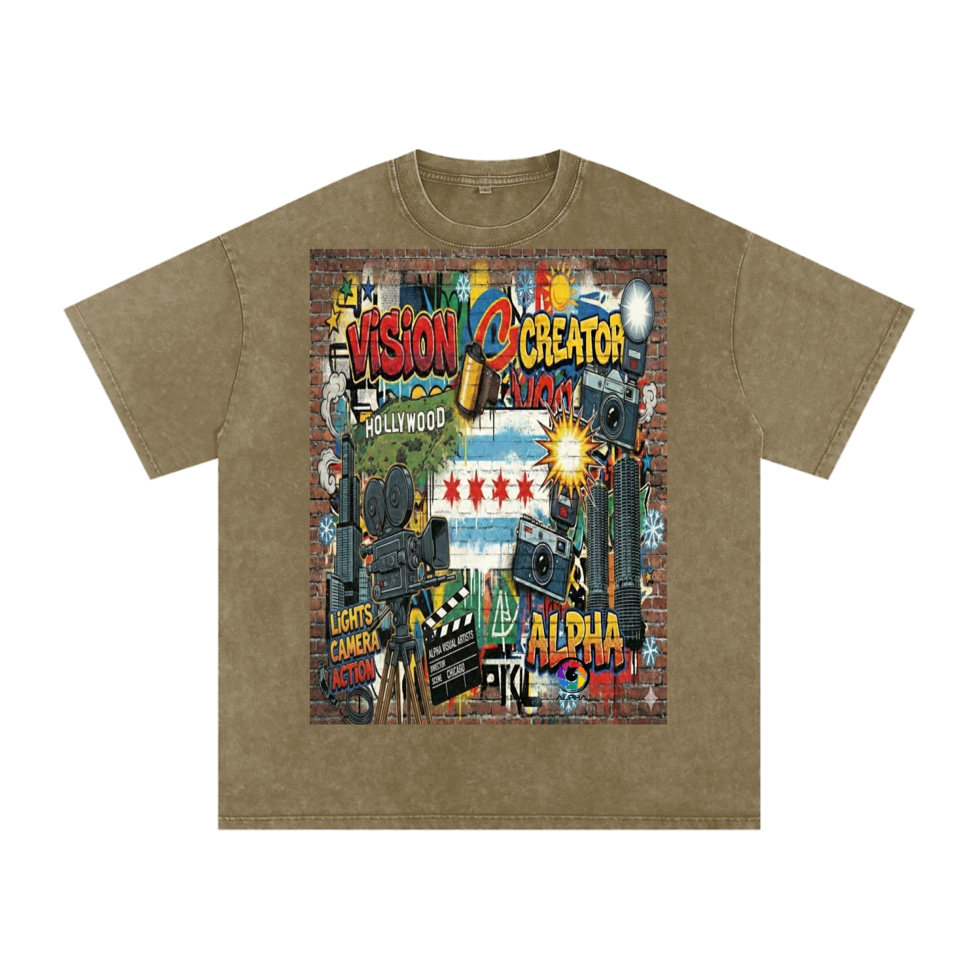 Alpha Graffiti Tee in Black — on-figure movement shot, drop shoulder flexes freely.