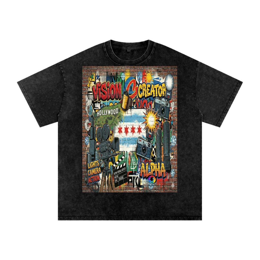 Alpha Graffiti Tee in Black — 7.4oz 100% cotton, snow wash, oversized graffiti graphic. Street-art energy for the creative crew.