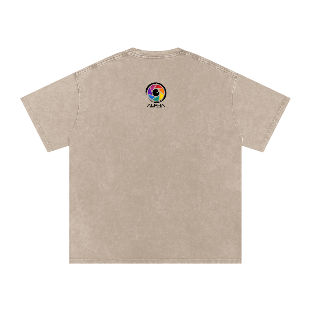 Alpha Graffiti Tee — shoulder and sleeve detail showing drop-shoulder cut.