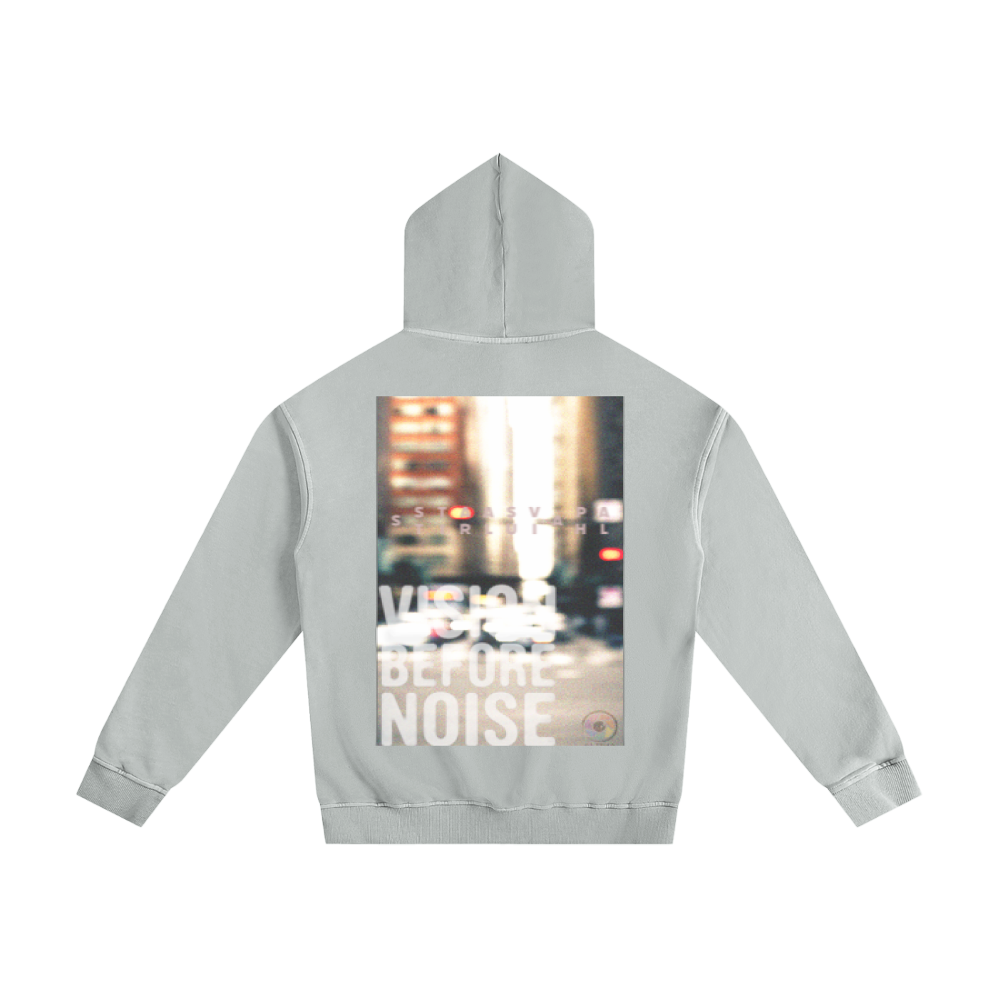 ALPHA VISION Before Noise Hoodie — flat lay showing full garment construction, 40x52cm print area.