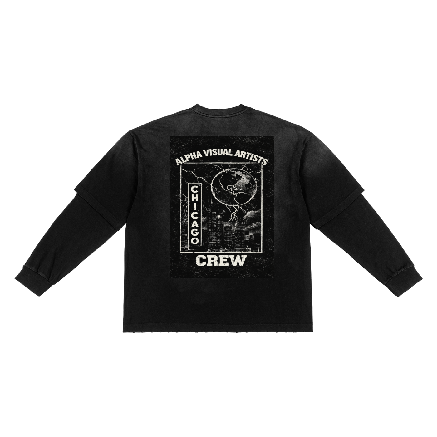Sunfade Hand-Frayed Faux Two-Piece Tee in Black — 7.4oz 100% cotton, hand-frayed hem, long sleeve faux two-piece construction. Each piece uniquely crafted.