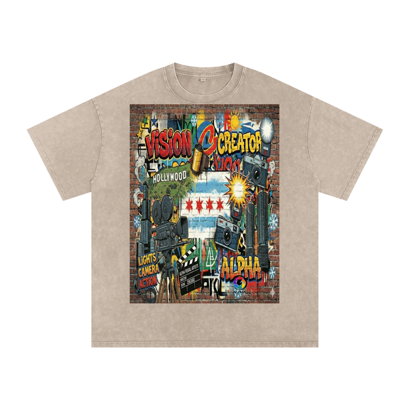 Alpha Graffiti Tee — lifestyle shot worn by creative crew member between setups.