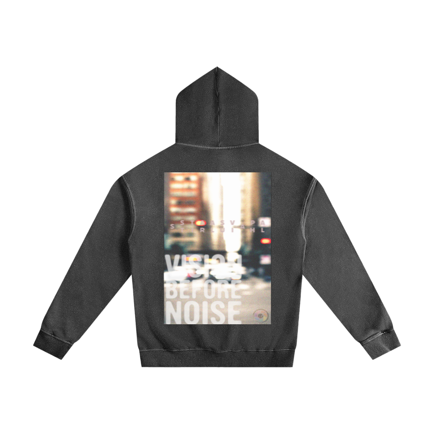 ALPHA VISION Before Noise Vintage Washed Hoodie — 10.0oz 100% cotton, vintage wash, front view. For the crew that sees before the noise starts.