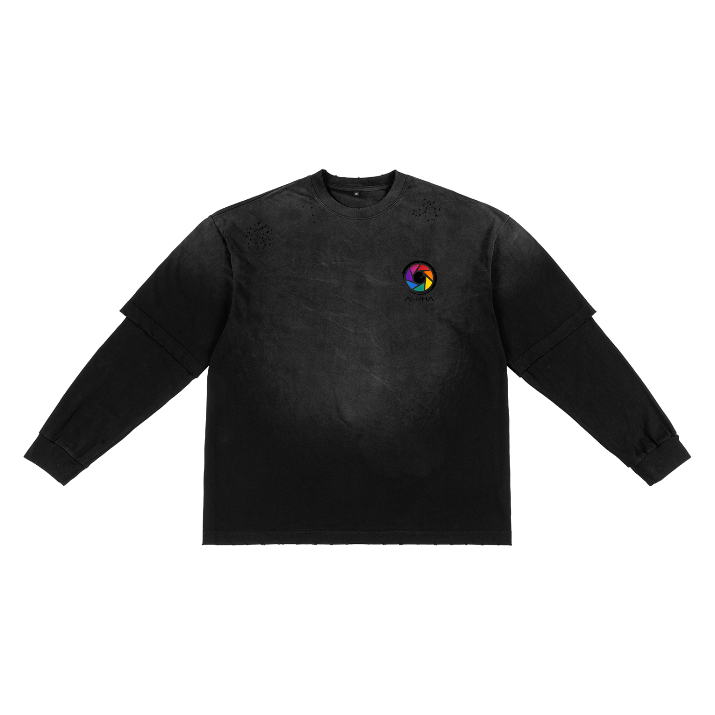 Sunfade Hand-Frayed Faux Two-Piece Tee — back view showing frayed cuff and layered two-piece visual effect. Artisanal construction.