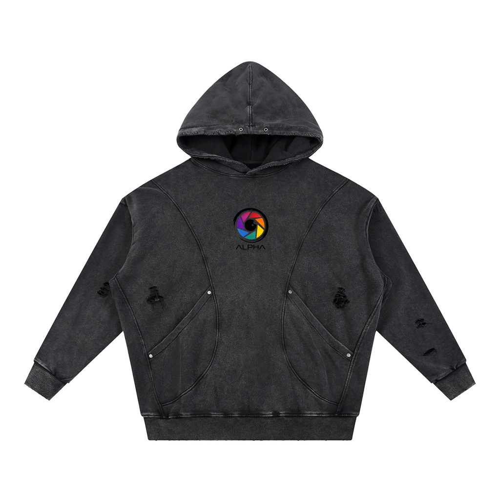 DP in Alpha Visual Artists black distressed panel hoodie working tight quarters on a commercial shoot