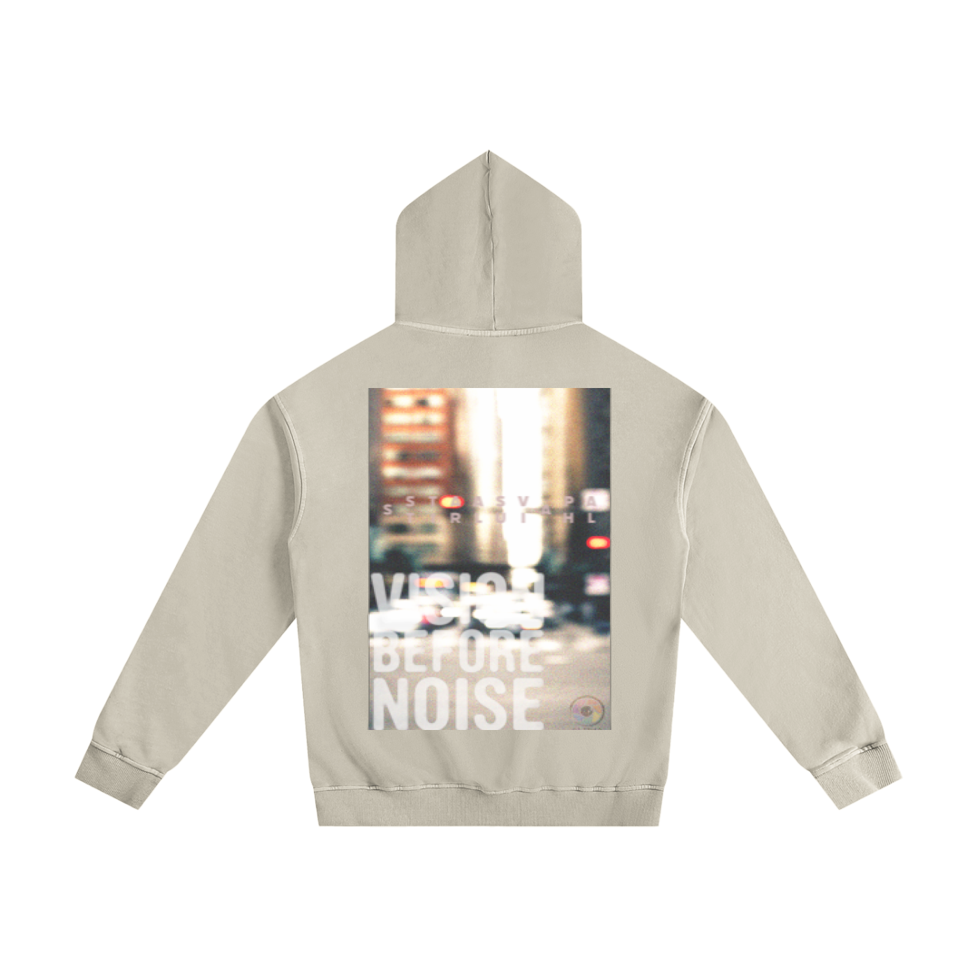 ALPHA VISION Before Noise Hoodie — side profile showing drop-shoulder silhouette and relaxed cut.