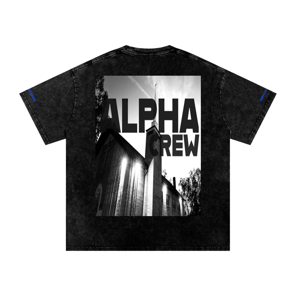 ALPHA CREW Temple Blue Lettering Tee in Pirate Gray — front view, high chest lettering for over-dolly visibility.