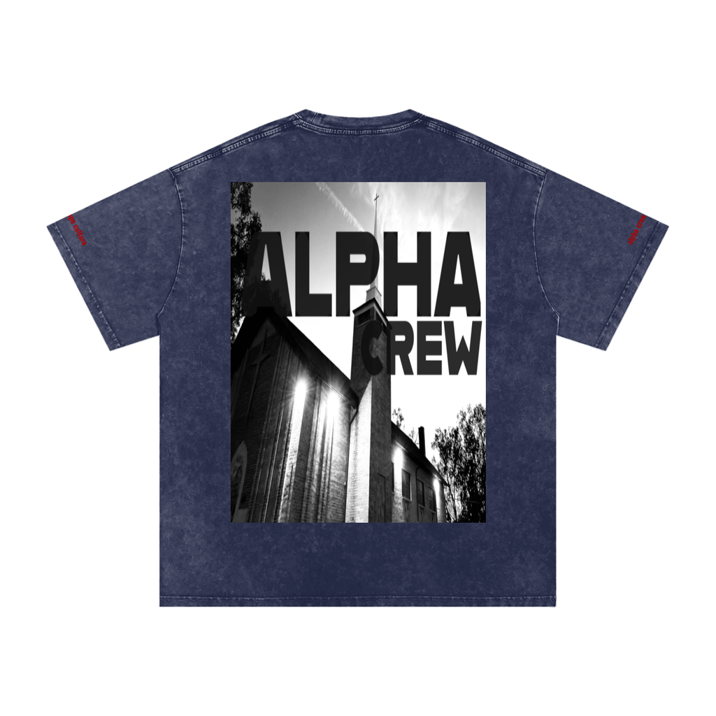 ALPHA Crew Visual Snow Washed Tee in Black — side profile, drop shoulder moves with you during light stand work.