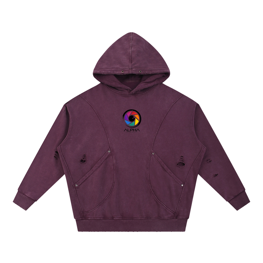 Alpha Crew Vision Distressed Hoodie in Purple — patchwork panel detail, drop shoulders, oversized cut for gimbal and steadicam rigs.
